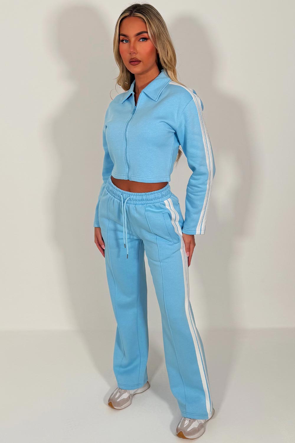 womens wide leg joggers and crop zip up sweatshirt with side stripes tracksuit co ord holiday summer airport outfit uk styledup loungewear