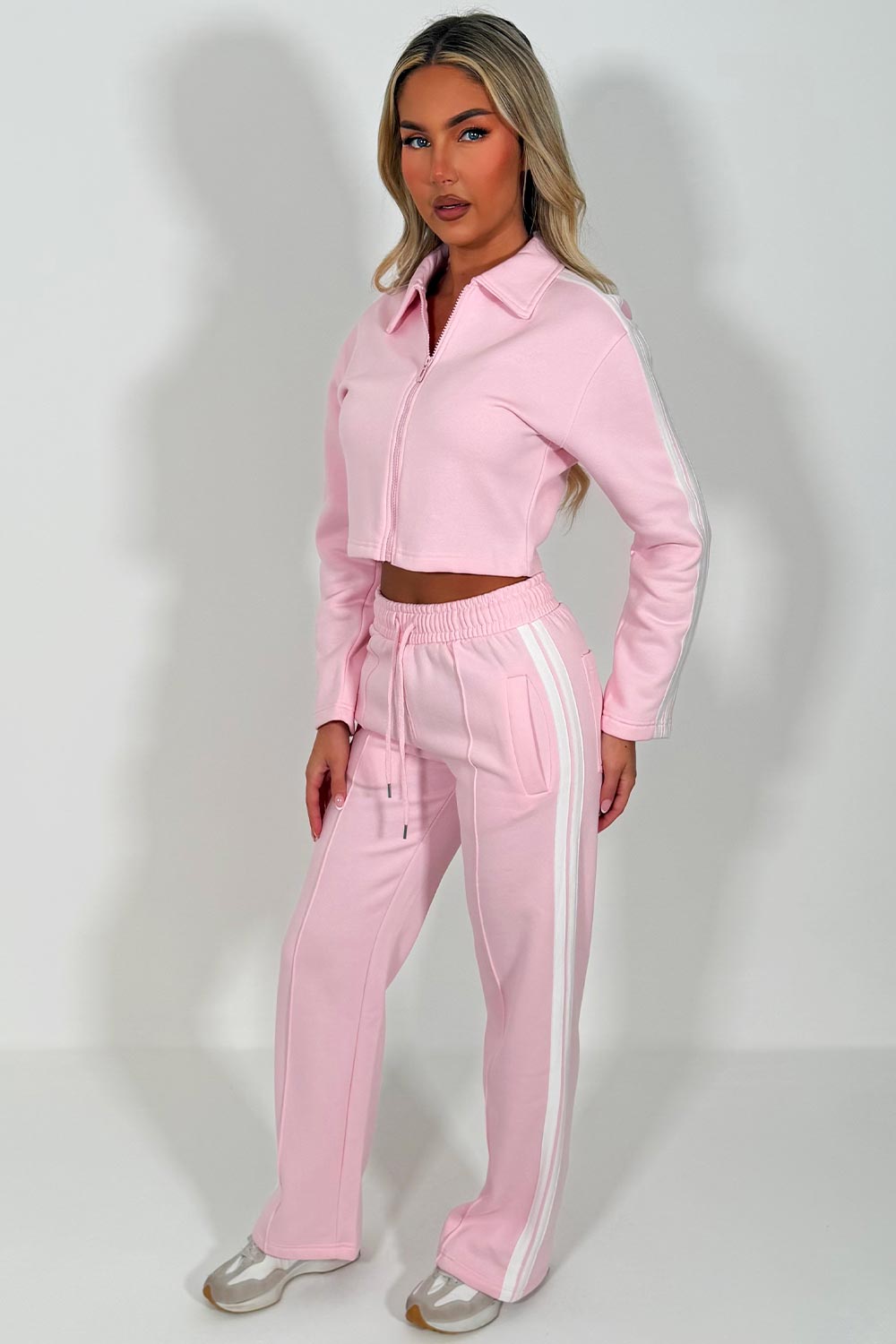 womens zip up sweatshirt and wide leg joggers with side stripes two piece tracksuit co ord set styledup white fox