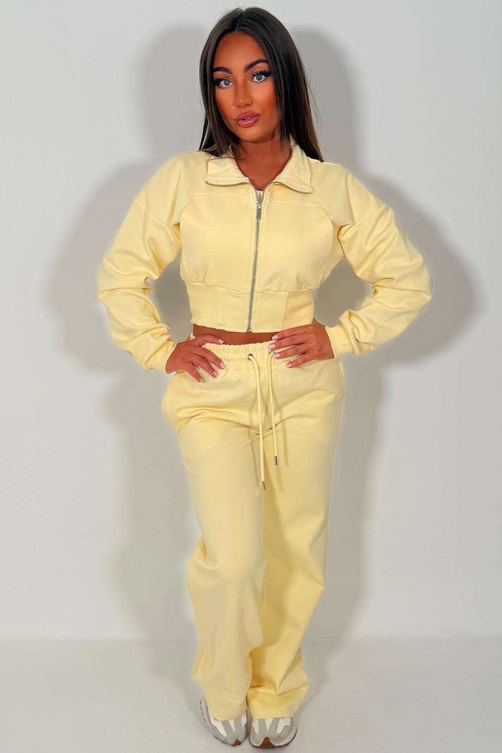 womens crop sweatshirt and wide leg joggers two piece co ord lounge set airport holiday outfit styledup uk