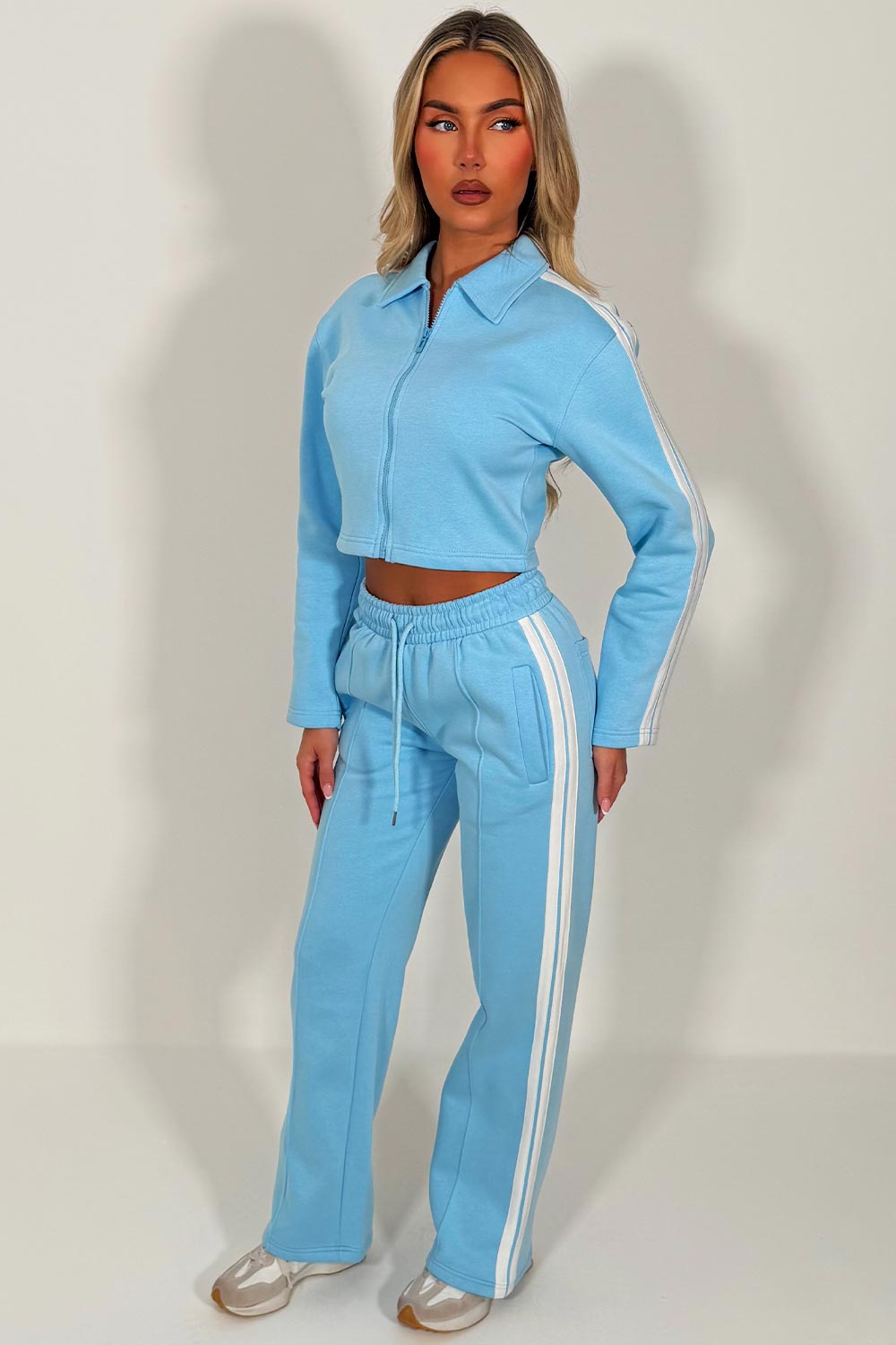 womens side stripe wide leg joggers and crop sweatshirt tracksuit co ord holiday airport outfit styledup white fox