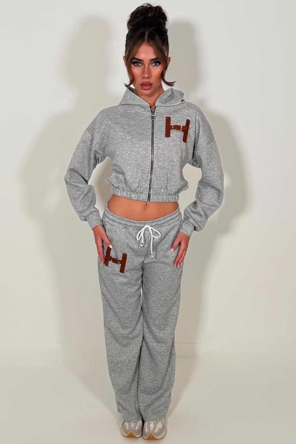 womens grey crop zip up hoodie and wide leg jogger tracksuit set with letter H detail womens casual lounge set