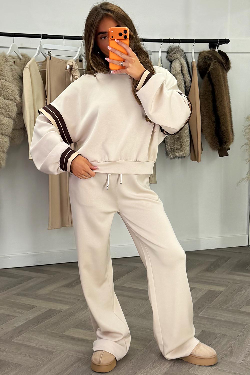 womens wide leg joggers and oversized sweatshirt co ord set with stripe styledup