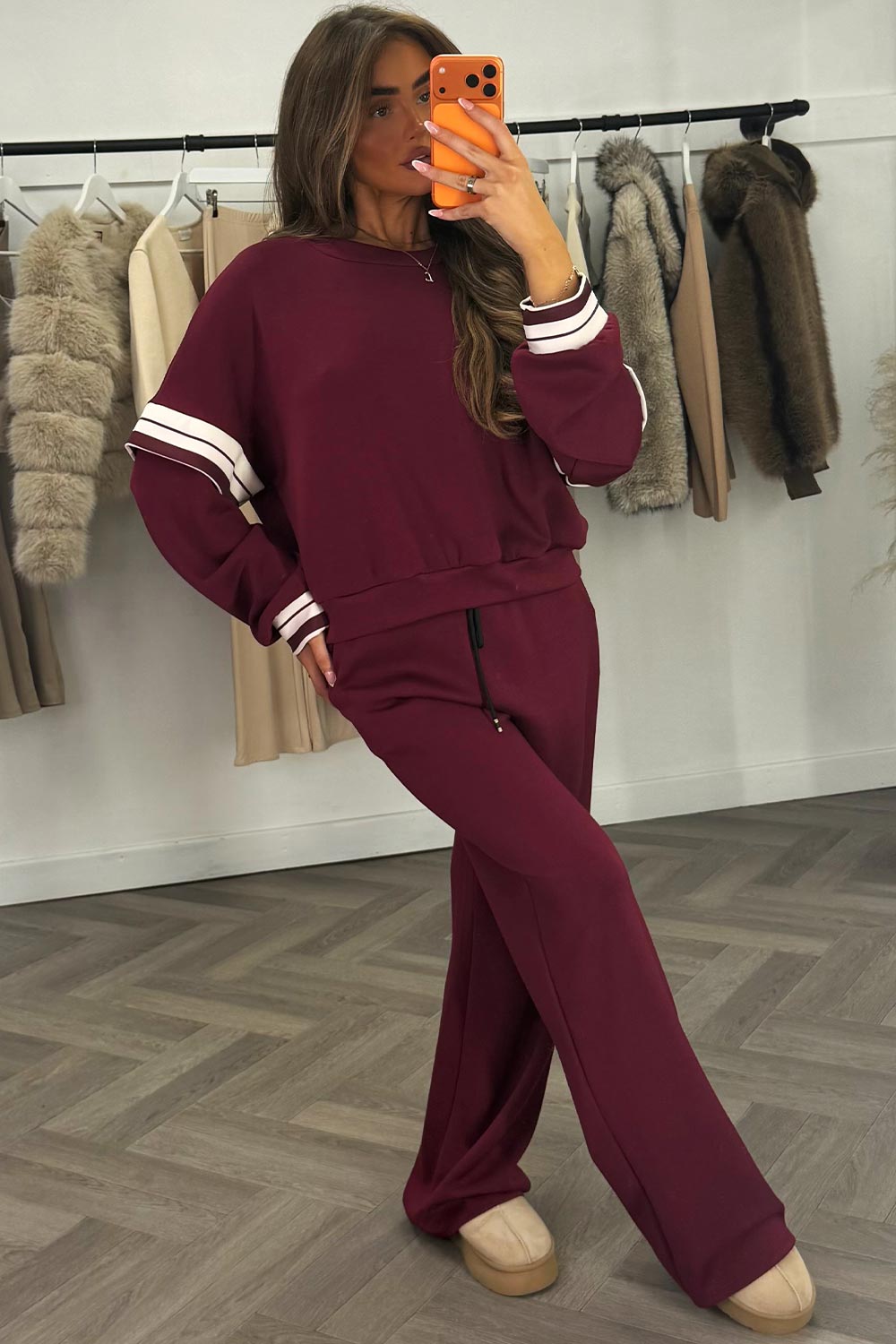 womens oversized sweatshirt and wide leg joggers co ord set with stripe