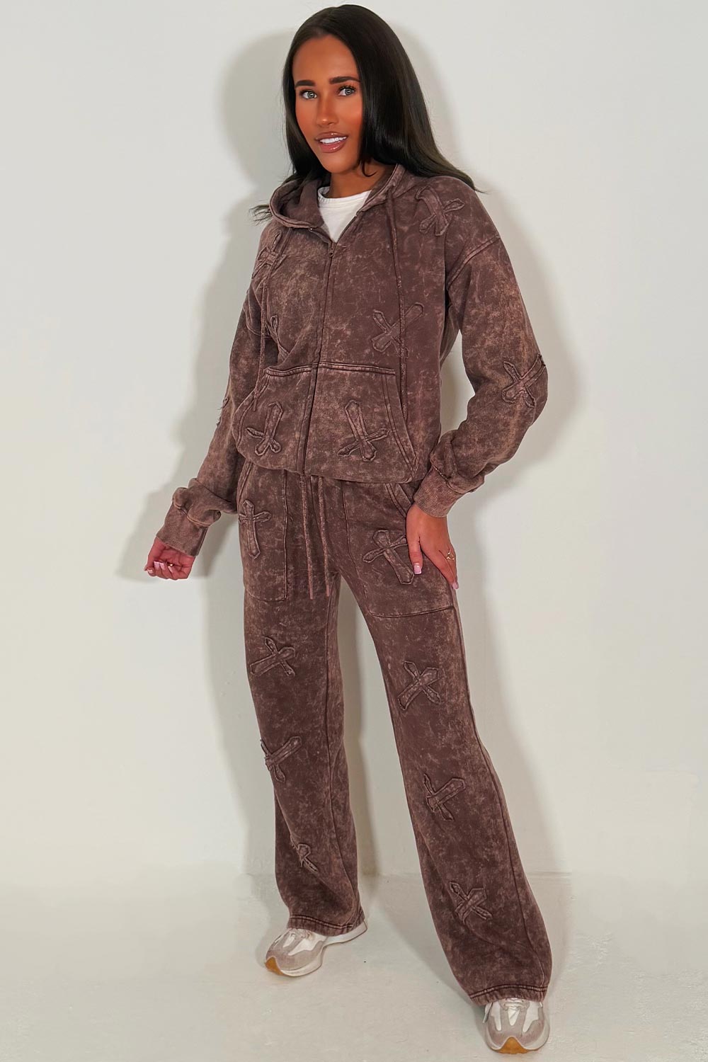 cross tracksuit loungewear set womens brown acid wash loungewear styledup
