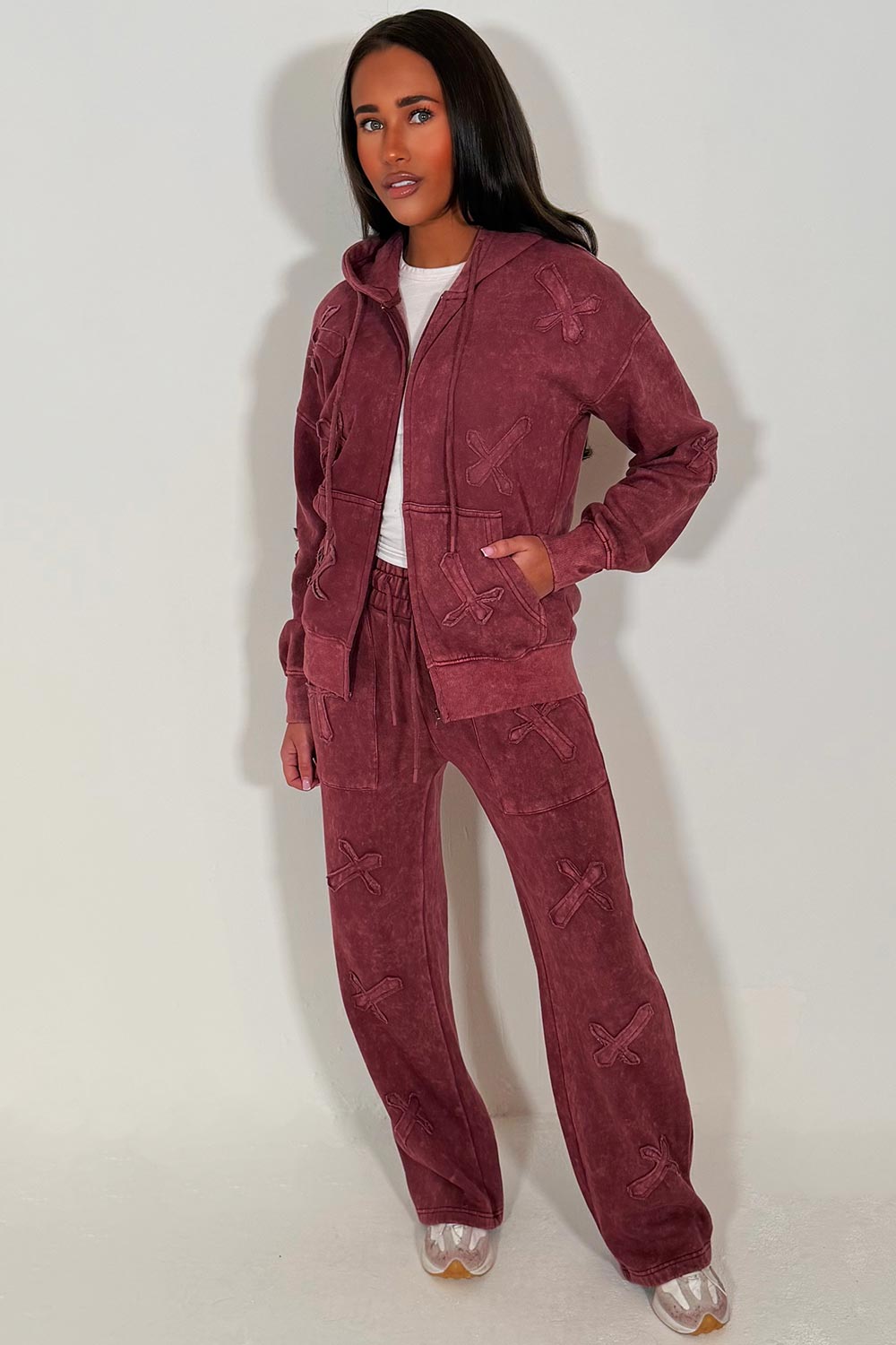 cross tracksuit loungewear set womens burgundy acid wash loungewear styledup