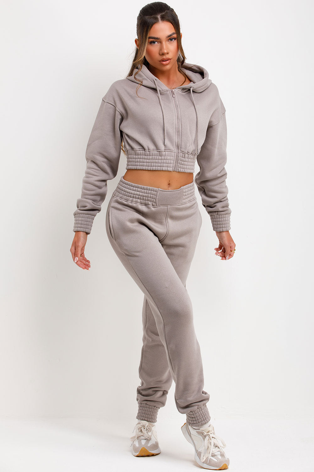 womens zip front crop tracksuit dove grey