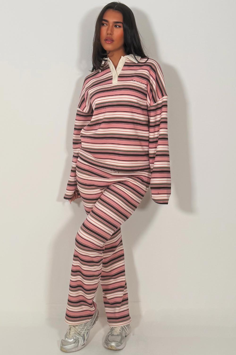 striped collared sweatshirt jumper and wide leg jogger two piece co ord set styledup