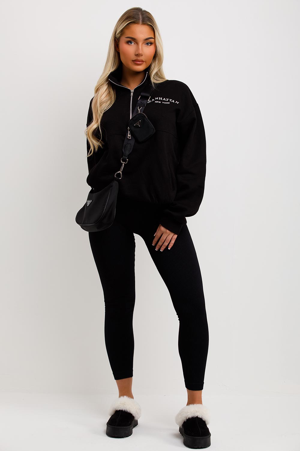 sweatshirt with half zip and elasticated hem manhattan new york embroidery womens