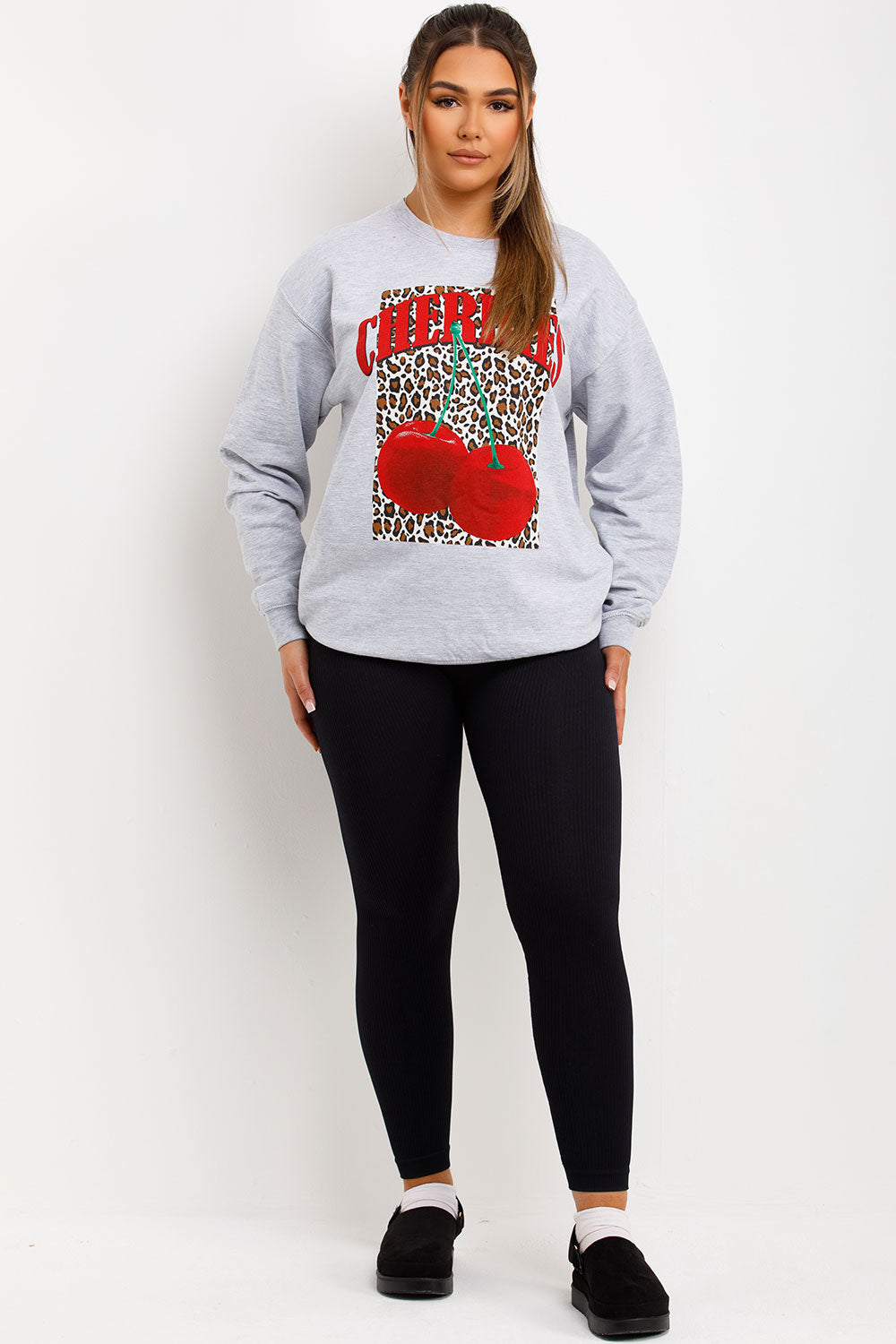 leopard cherry jumper sweatshirt grey