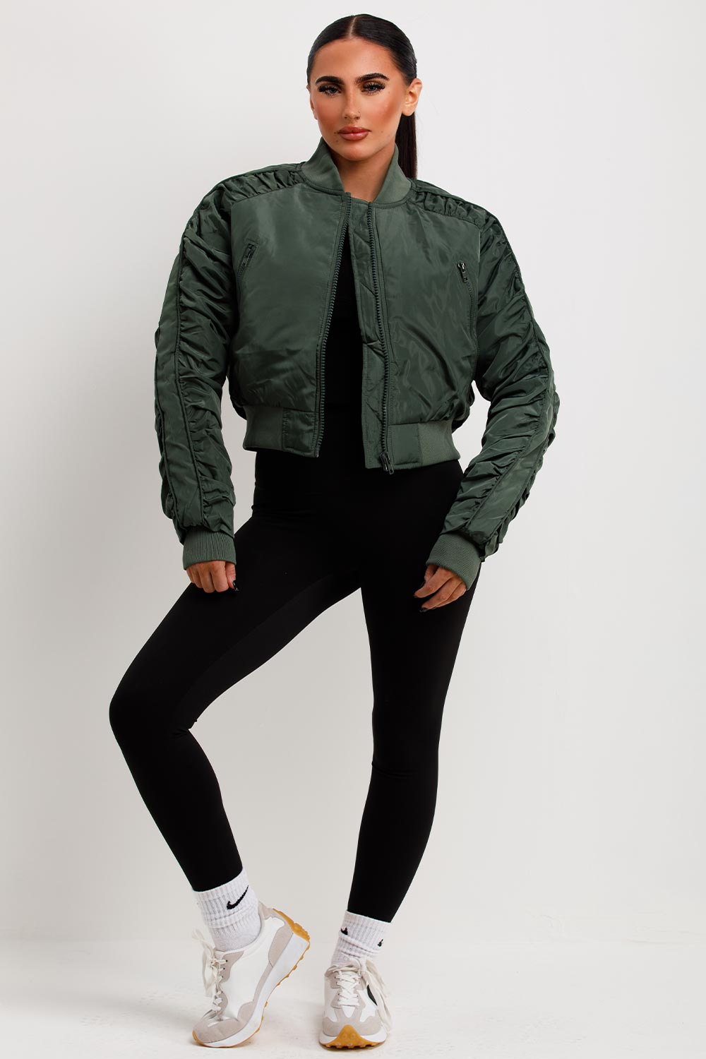 womens khaki bomber jacket with ruched sleeves
