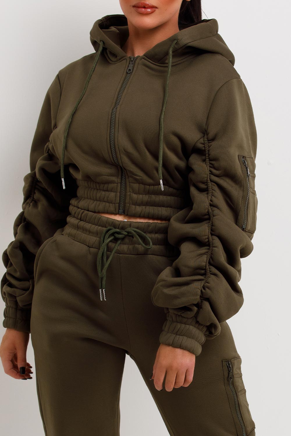 womens loungewear set ruched sleeve crop hoodie and joggers co ord set