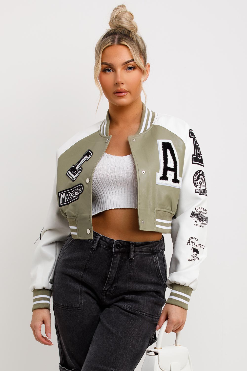 womens faux leather bomber jacket with letter detail