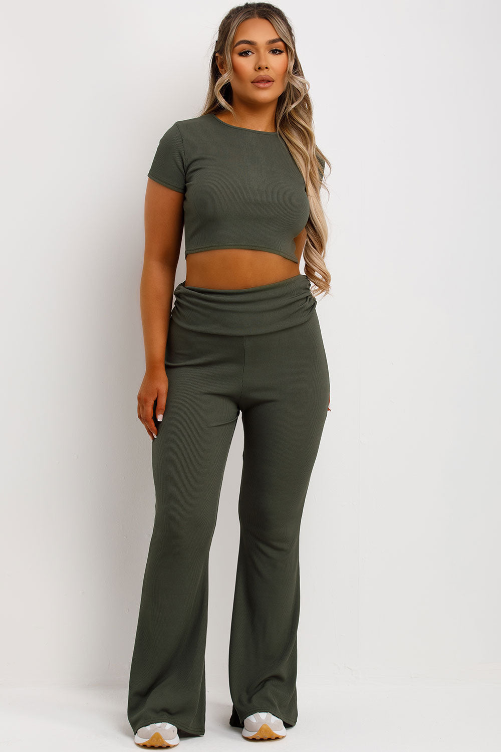 flared ribbed trousers with fold detail and crop top two piece matching set