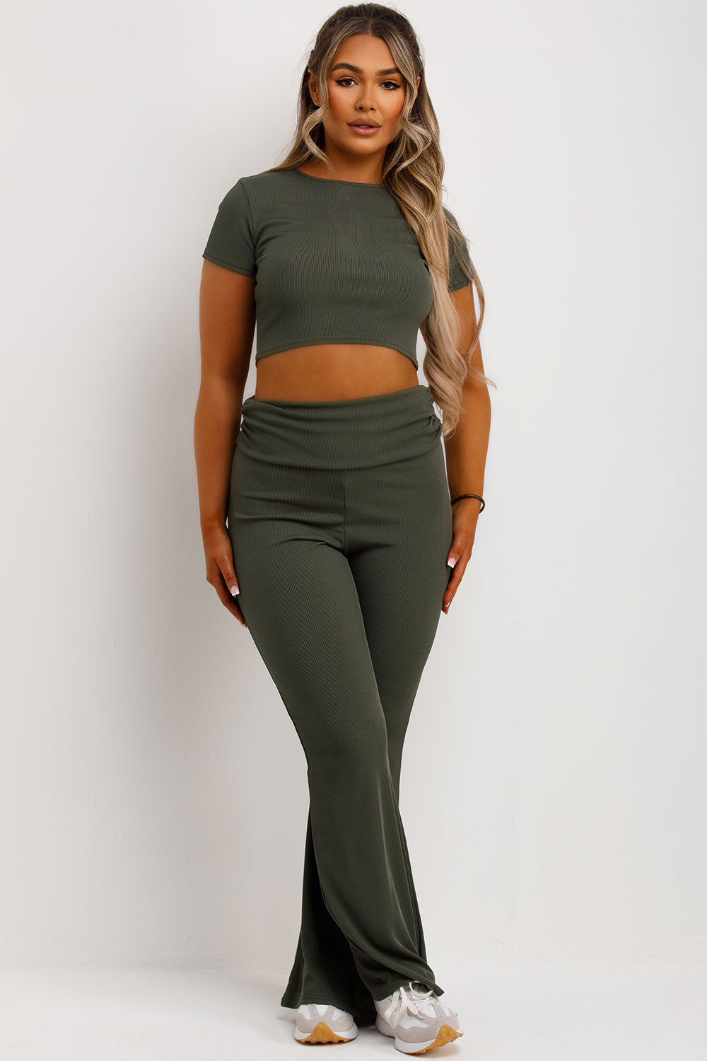 flared trousers with fold over detail and crop top co order set