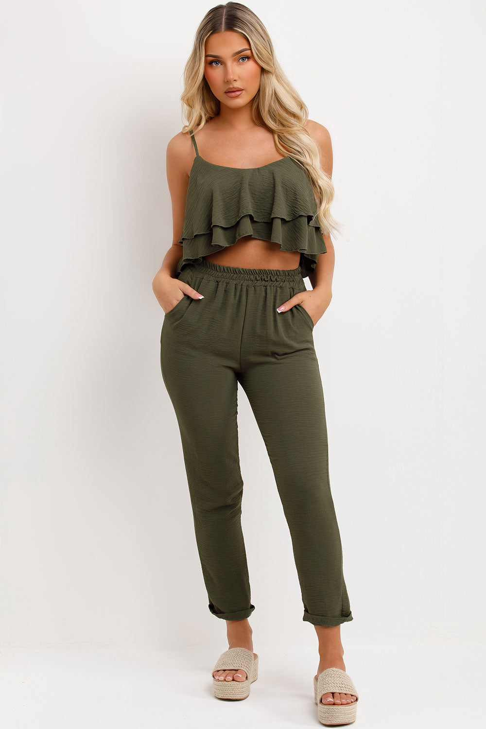 womens trousers and ruffle top two piece co ord set matching outfit