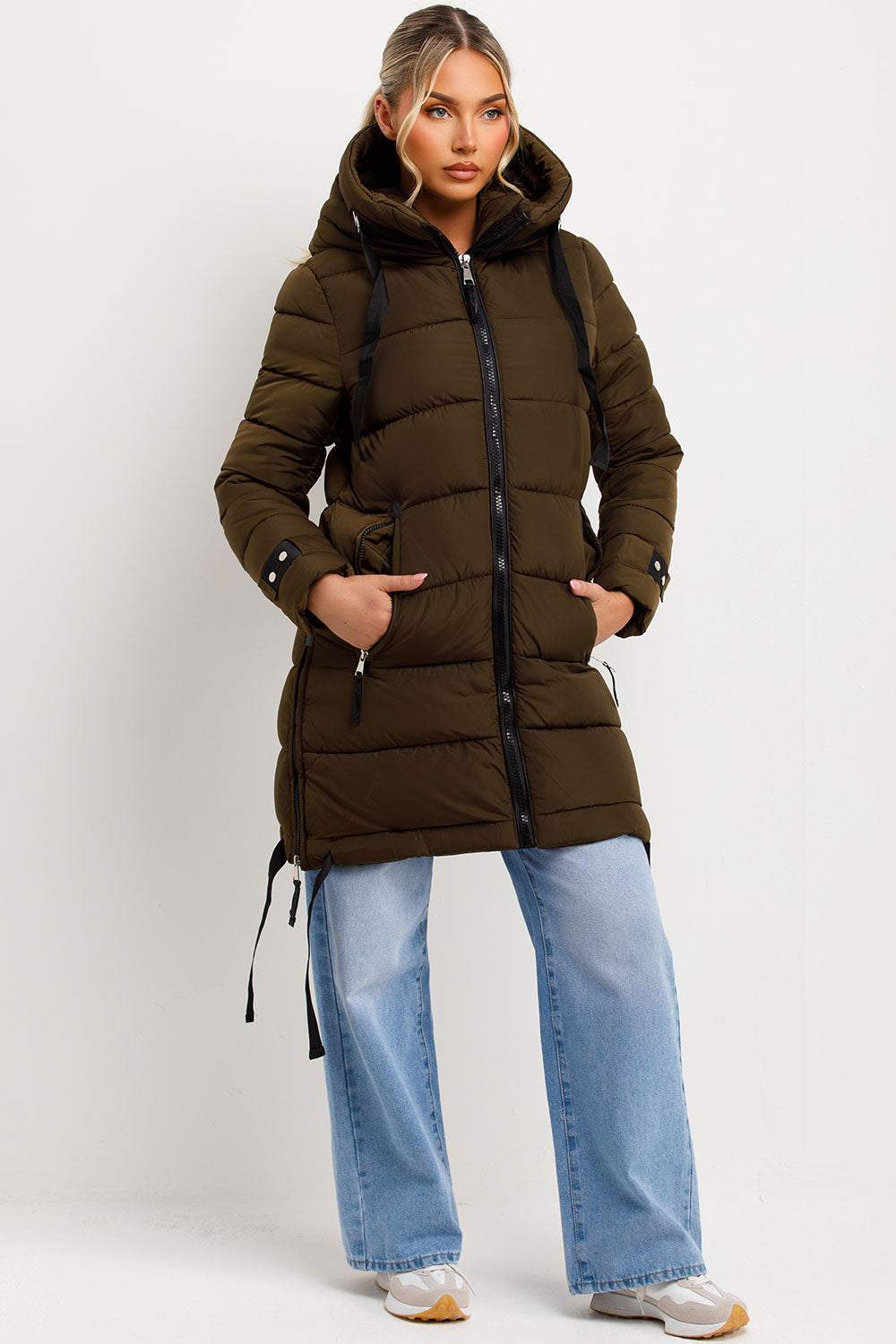 womens long puffer padded coat with hood outerwear
