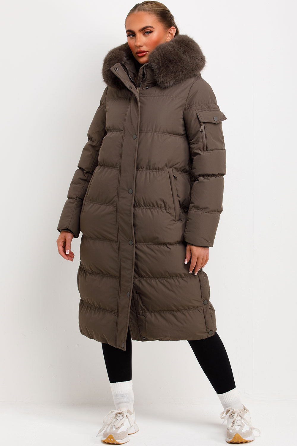 womens long khaki padded puffer down coat