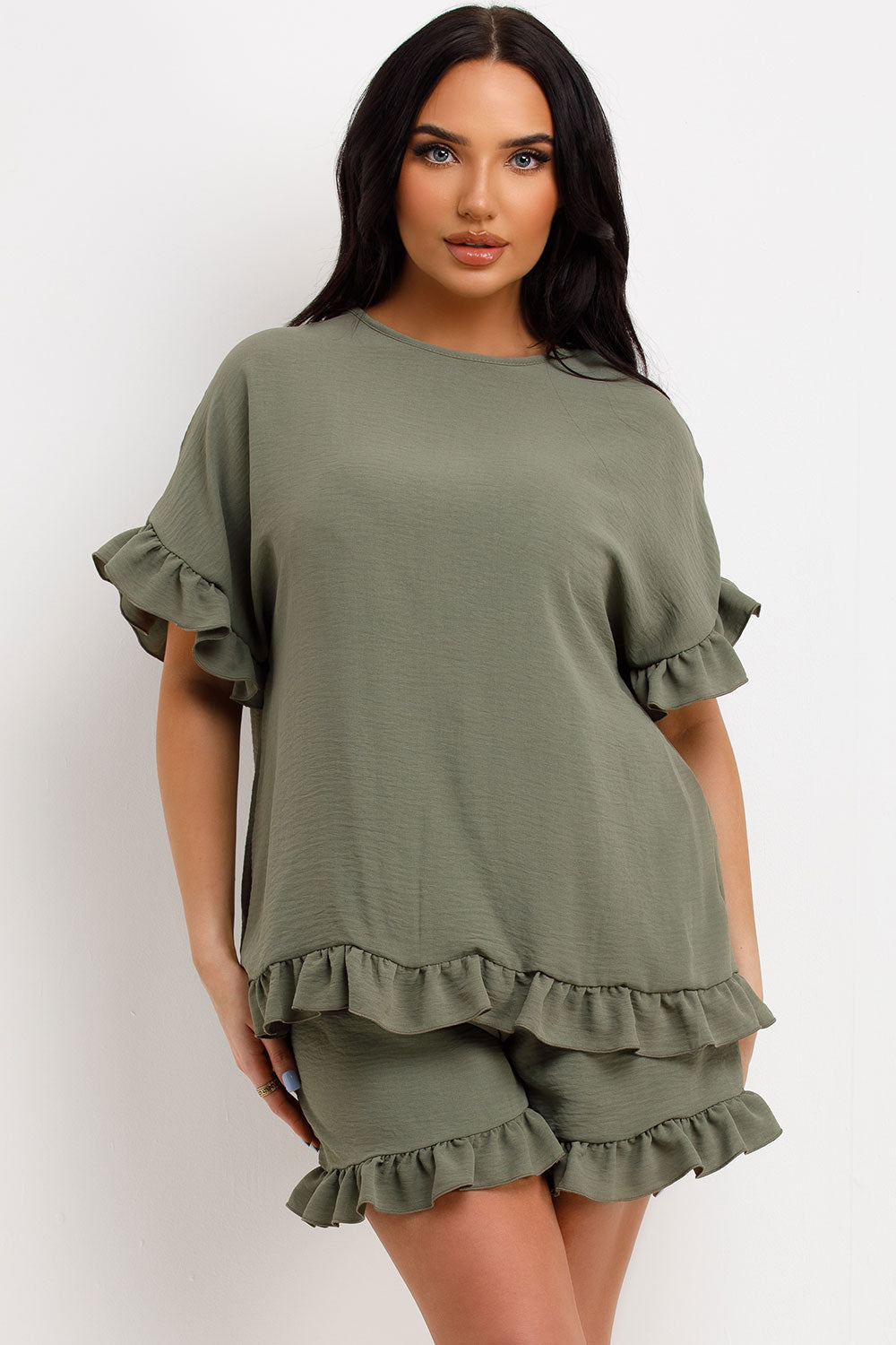 shorts and blouse two piece set khaki