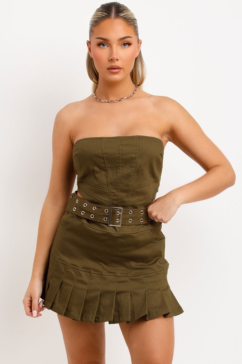 bandeau corset crop top and pleated mini skirt co ord set