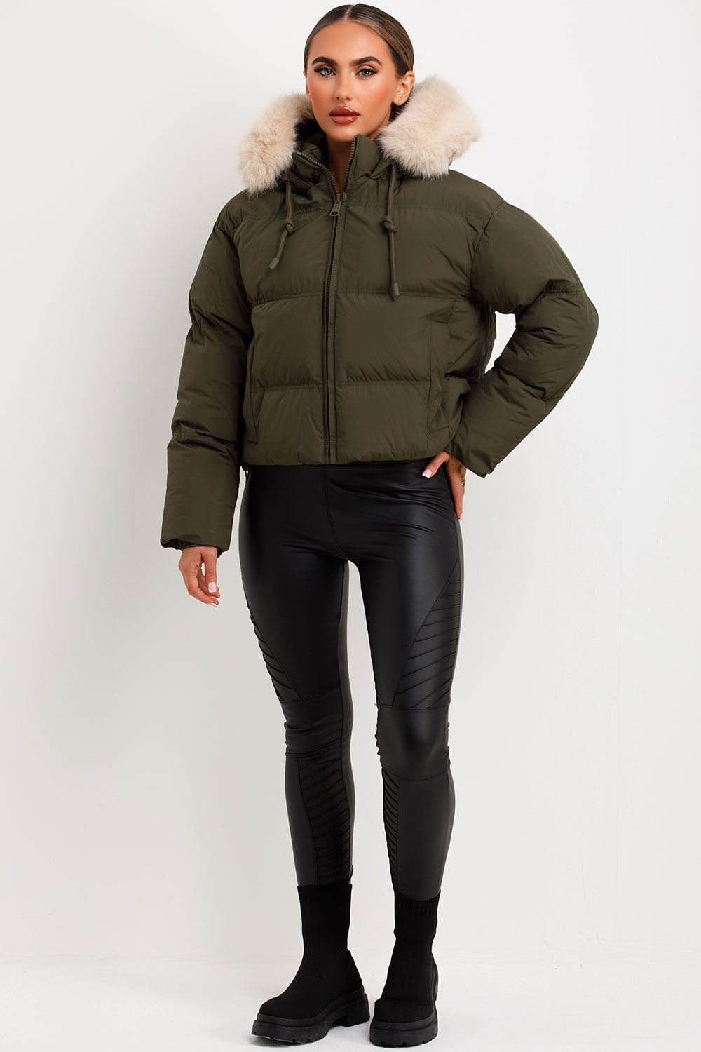 womens puffer padded jacket with fur hood Zara