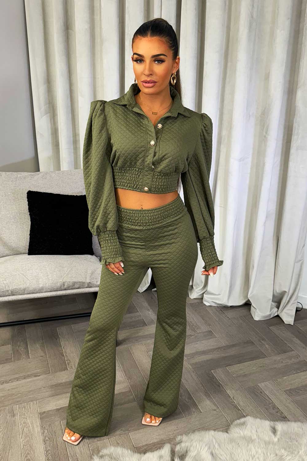 quilted puff sleeve top and flared trousers co ord set