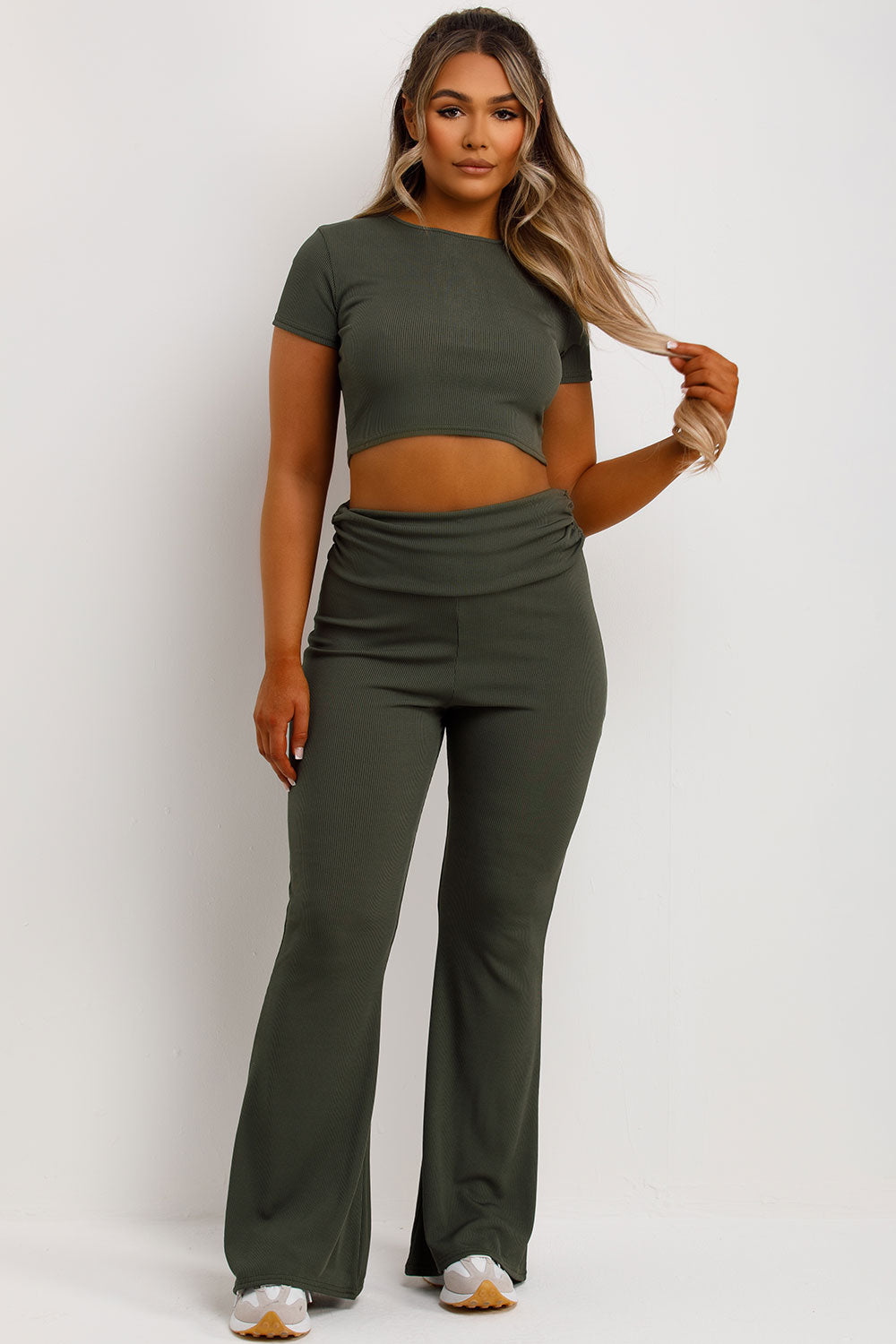 fold over ribbed skinny flared trousers and crop top co ord set