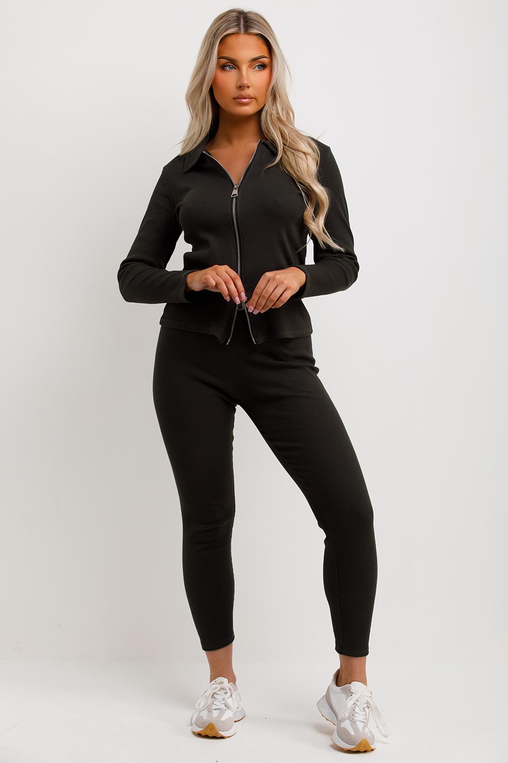 rib zip front loungewear set
