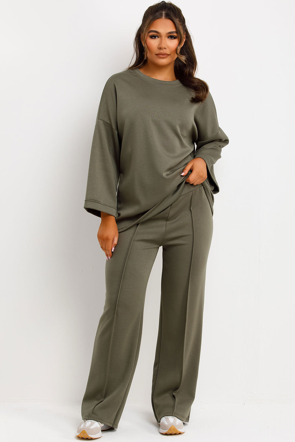 long sleeve oversized top and straight leg seam detail trousers co ord lounge set