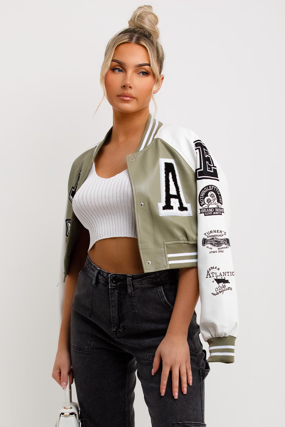 womens faux leather bomber jacket