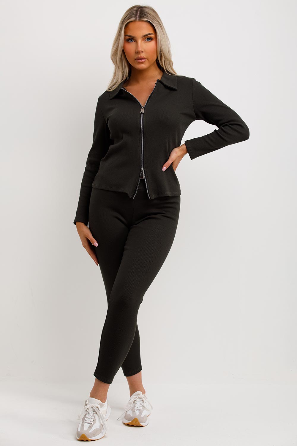 khaki rib loungewear set with double zip