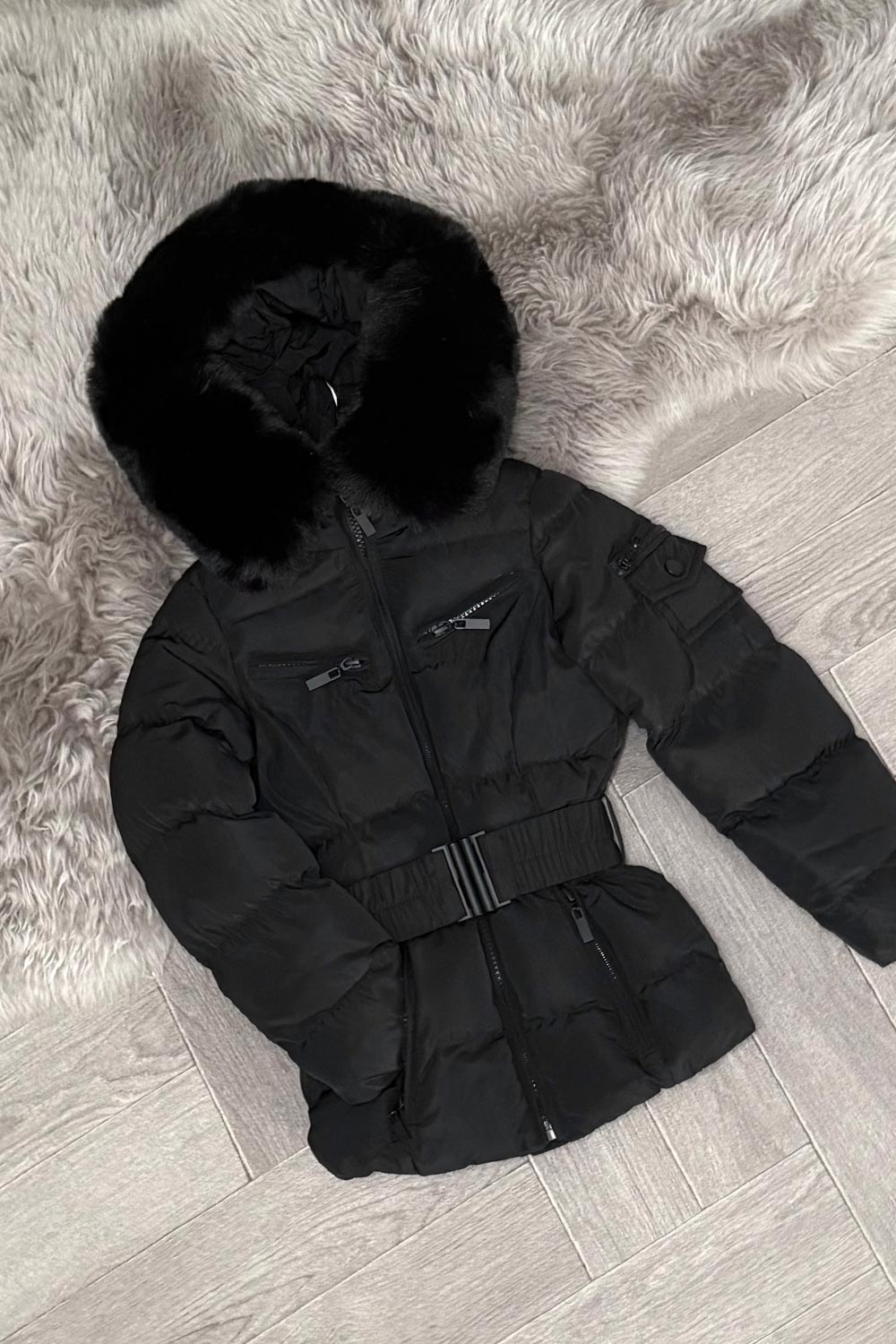 young girls coat with fur hood and belt styledup