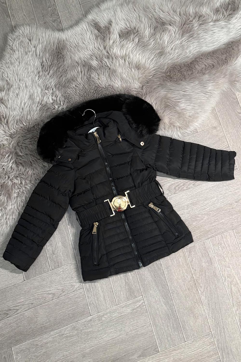 back to school young girls coat with fur hood and belt