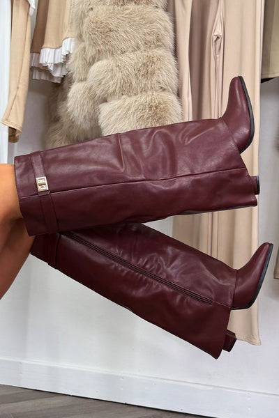Knee High Fold Over Cowboy Boots Faux Leather Burgundy