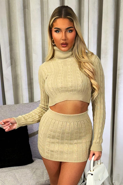 Women's Roll Neck Jumper Knit Skirt Set Beige Going Out Outfit