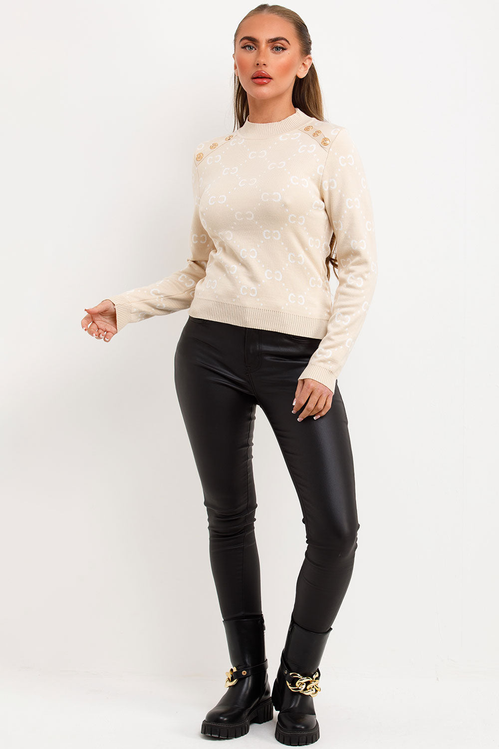 long sleeve knitted jumper with gold buttons chanel inspired