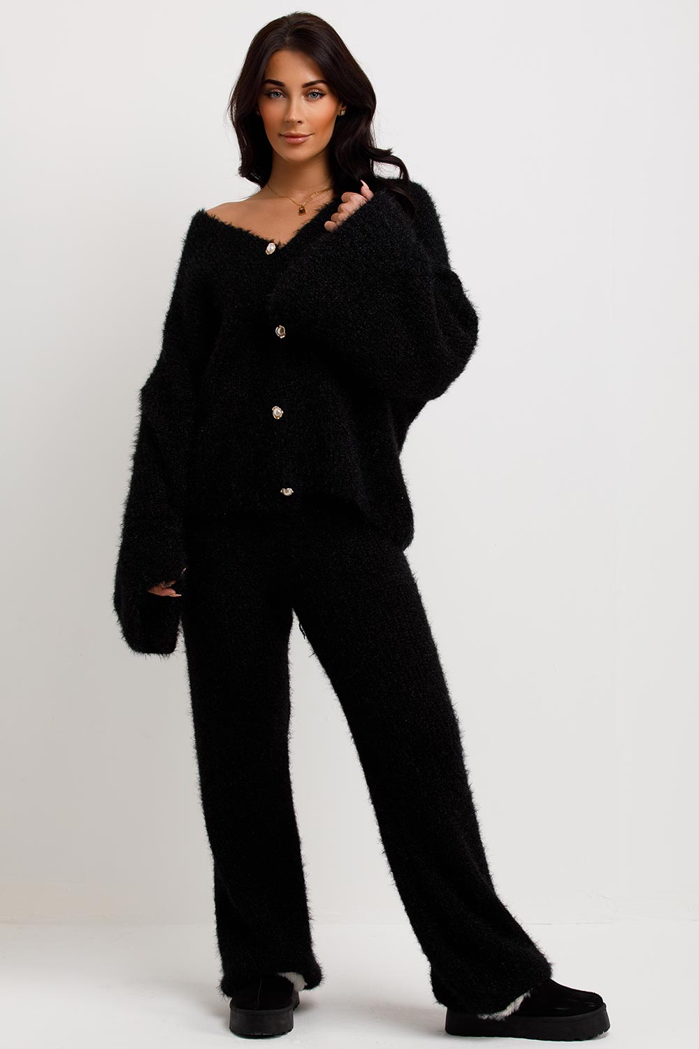 womens knitted loungewear co ord oversized cardigan and trousers co ord set