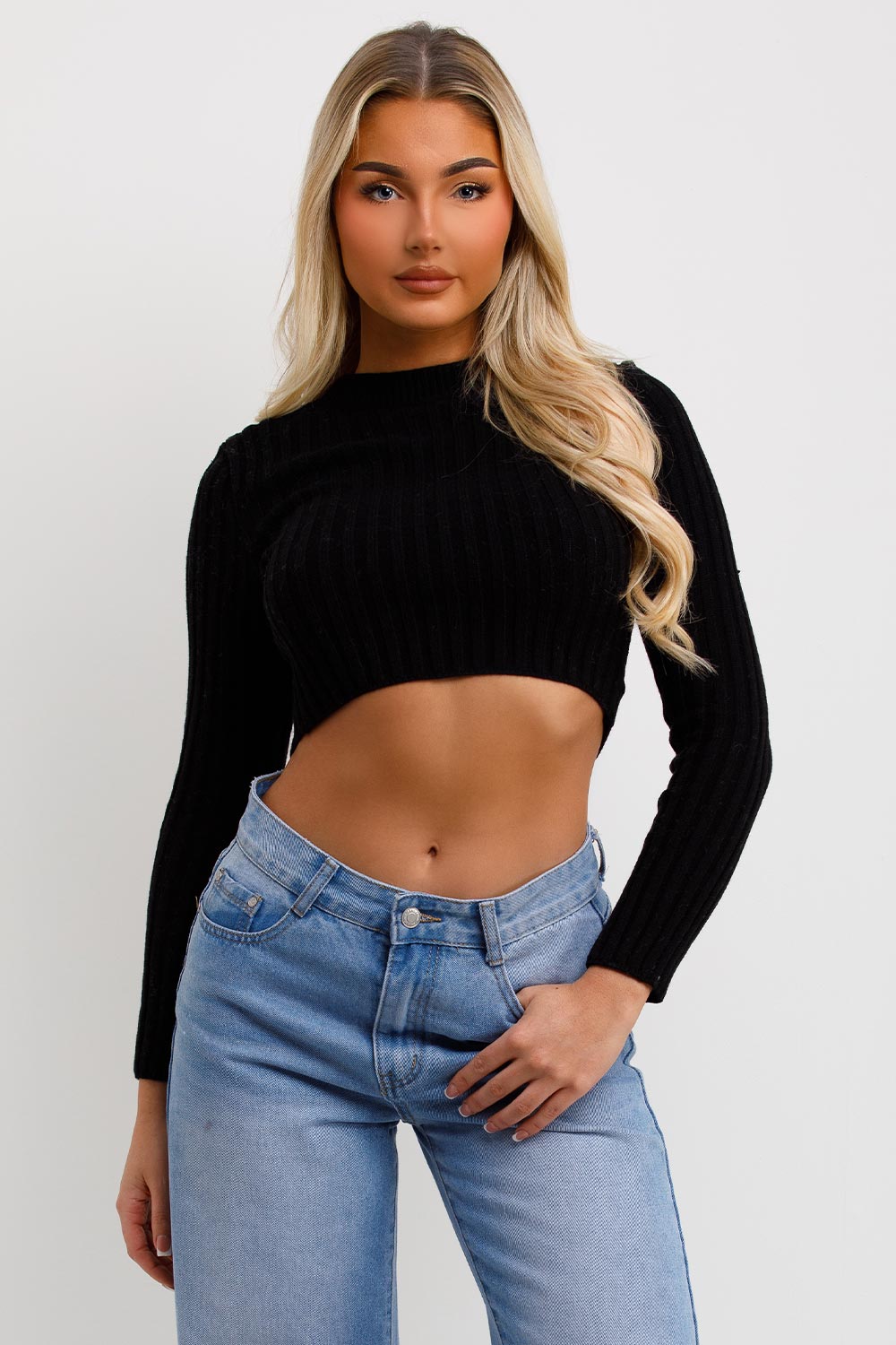 womens crop ribbed knitted jumper with long sleeves