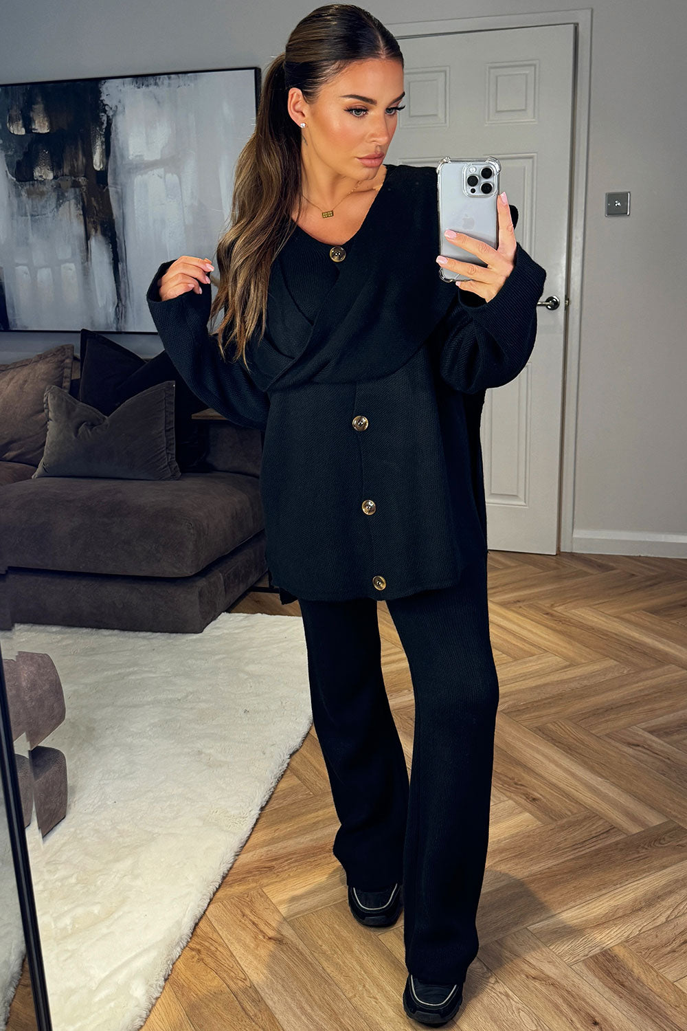 knitted button front oversized cardigan with scarf and trousers co ord set black