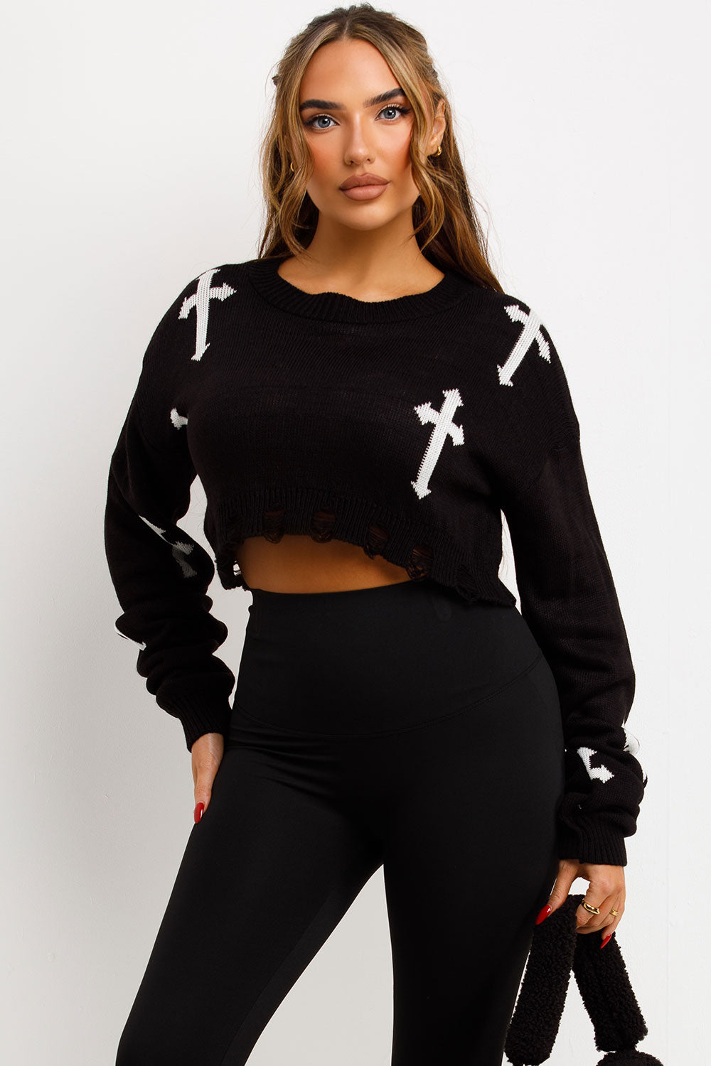 cropped long sleeve oversized knitted jumper with crosses