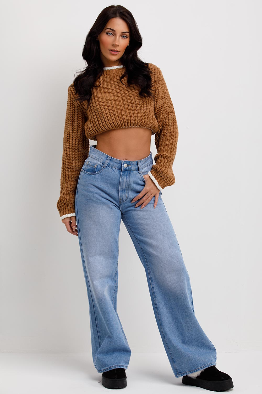 crop knitted contrast stitch jumper