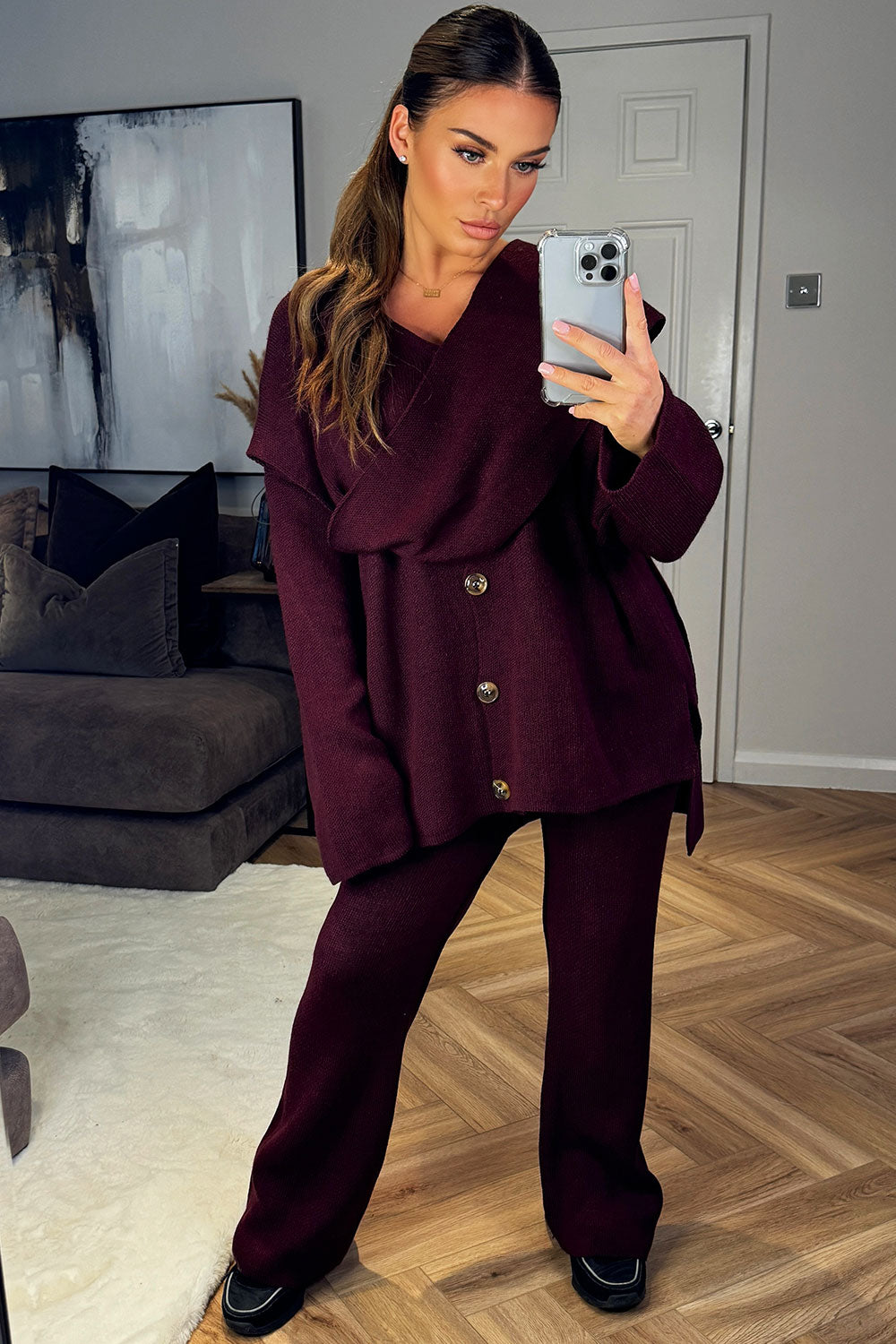 knitted button front oversized cardigan with scarf and trousers co ord set burgundy