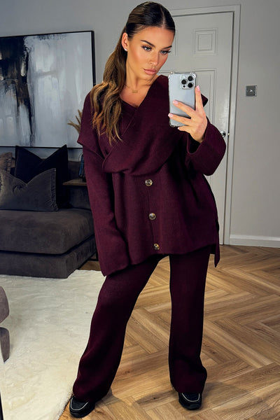 Women's Knitted Cardigan And Trouser Loungewear Set With Scarf