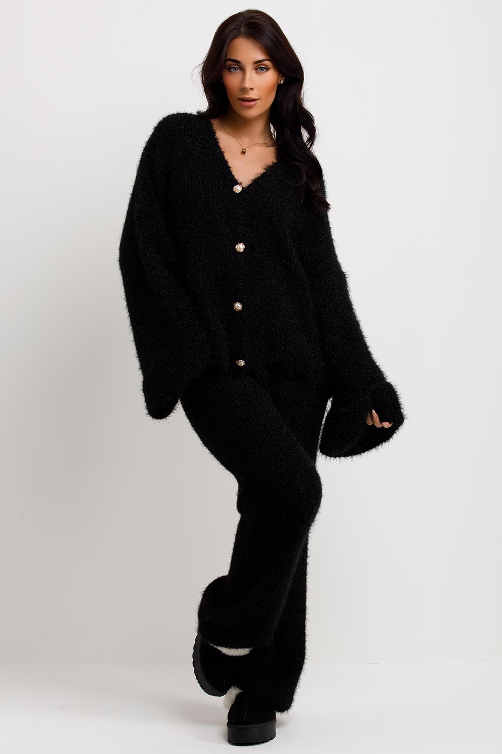 womens black knitted oversized cardigan with buttons and trousers co ord set