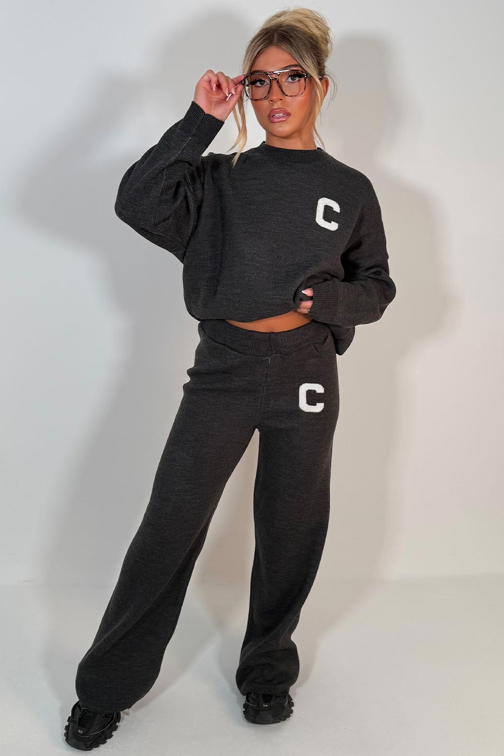 knitted loungewear co ord set charcoal grey womens couture club