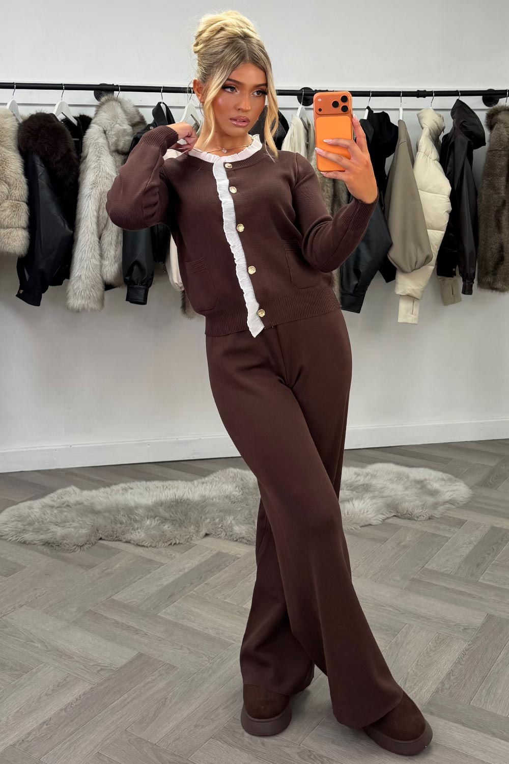 gold button knitted jumper top and trousers two piece co ord set occasion christmas party holiday outfit for winter uk