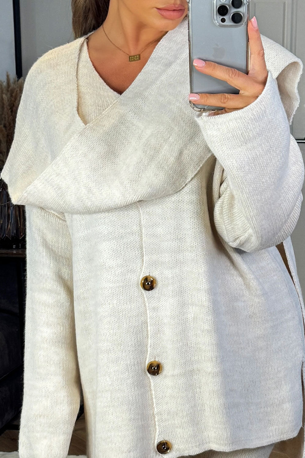 knitted trousers and oversized button front cardigan two piece loungewear set with scarf womens knitwear styledup