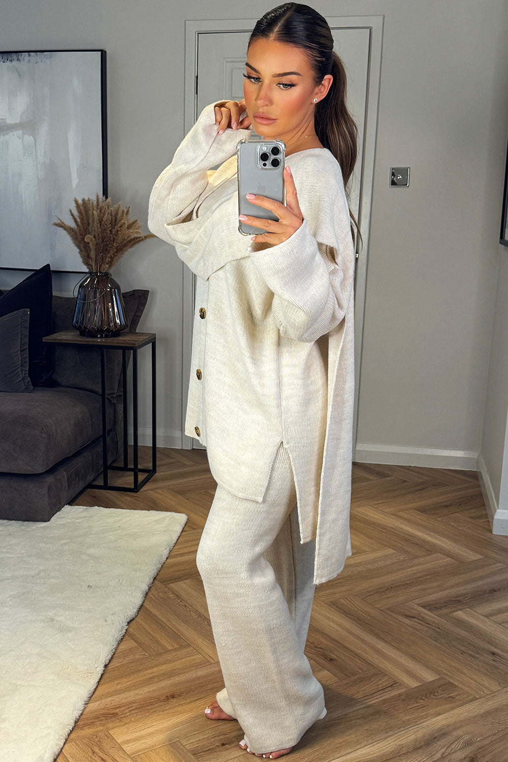 knitted button front oversized cardigan with scarf and trousers co ord set beige