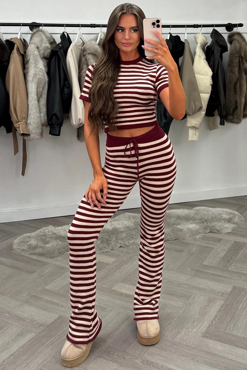 womens burgundy striped knitted lounge set styledup uk