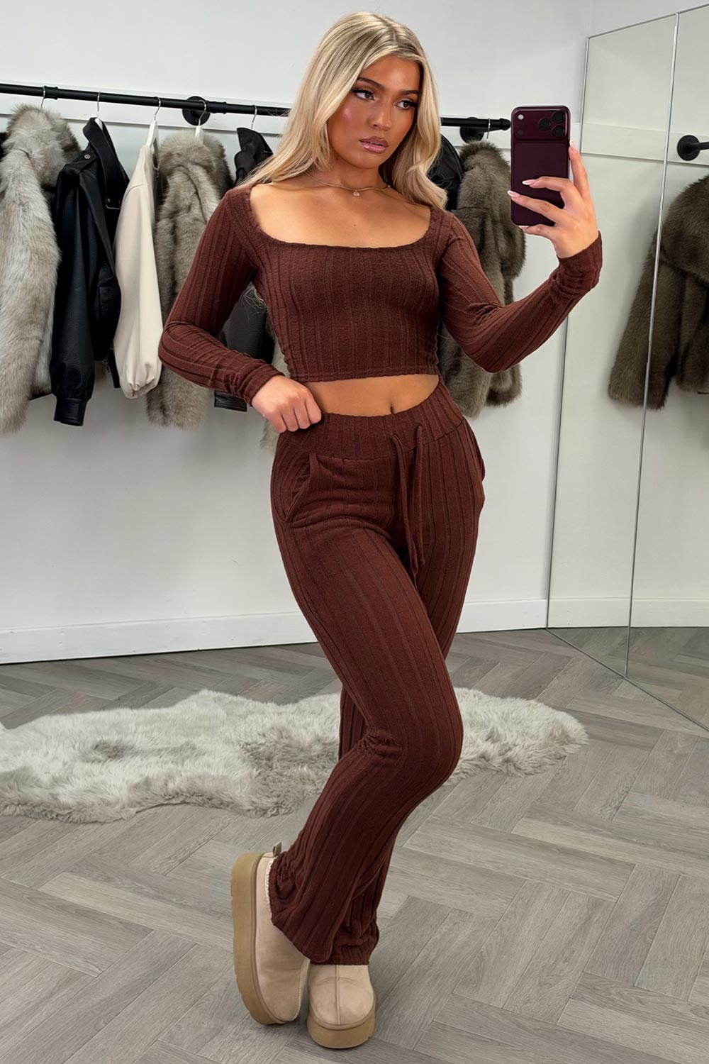 womens brown long sleeve ribbed loungewear co ord set styledup uk