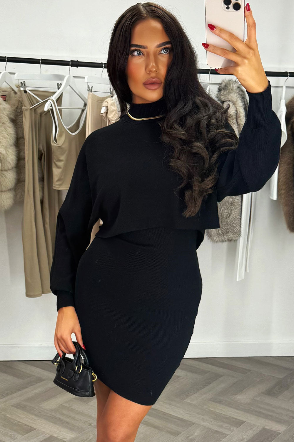 black knitted two piece long sleeve jumper dress knitted christmas party outfit styledup